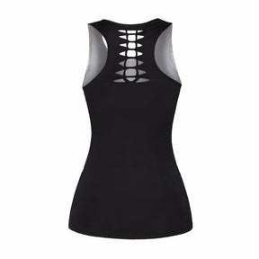 Rear view of the black racerback tank showing ladder-like upper-back cutouts and a plain lower panel.