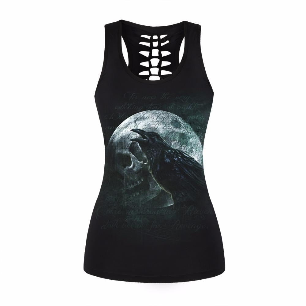 Black gothic racerback tank printed with a crow over a pale skull and full moon, with cutouts visible at the upper back.