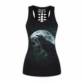Black gothic racerback tank printed with a crow over a pale skull and full moon, with cutouts visible at the upper back.