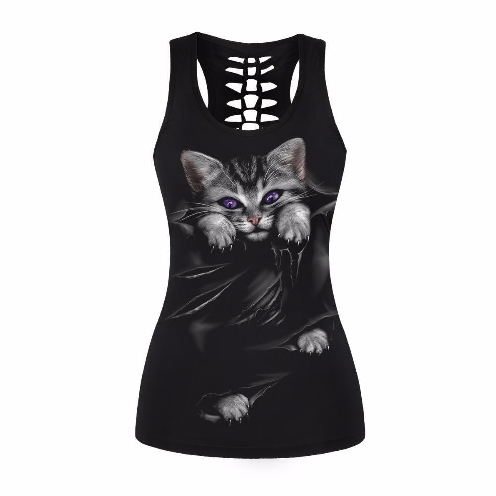 Black cutout racerback tank with a gray kitten, purple eyes and printed folds beneath its paws.