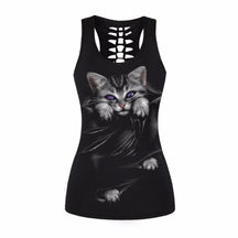 Black cutout racerback tank with a gray kitten, purple eyes and printed folds beneath its paws.