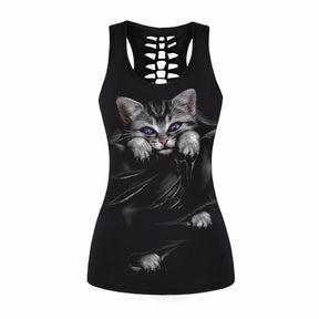Black cutout racerback tank with a gray kitten, purple eyes and printed folds beneath its paws.