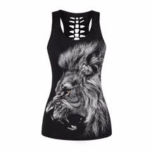 Black sleeveless tank featuring a grayscale lion profile with a golden eye and bared teeth.