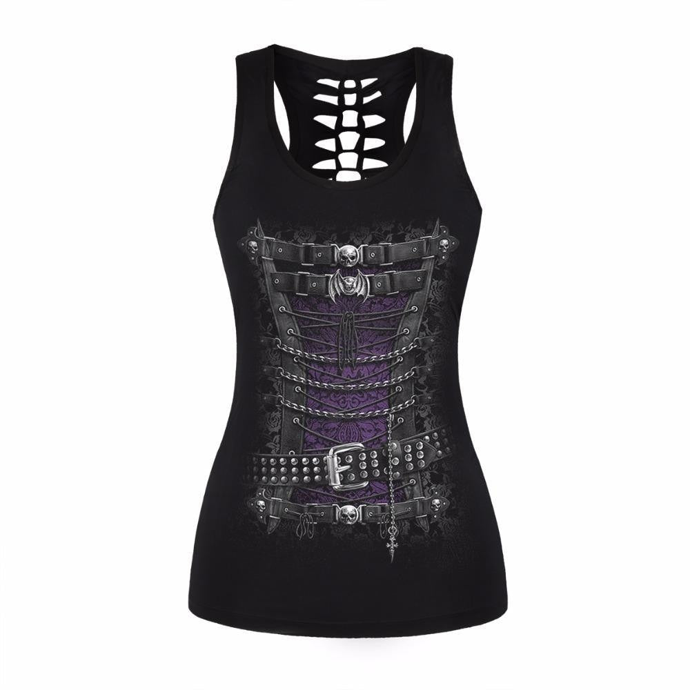 Black tank with printed belts, buckles and purple corset lacing across the front.