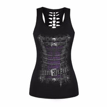 Black tank with printed belts, buckles and purple corset lacing across the front.