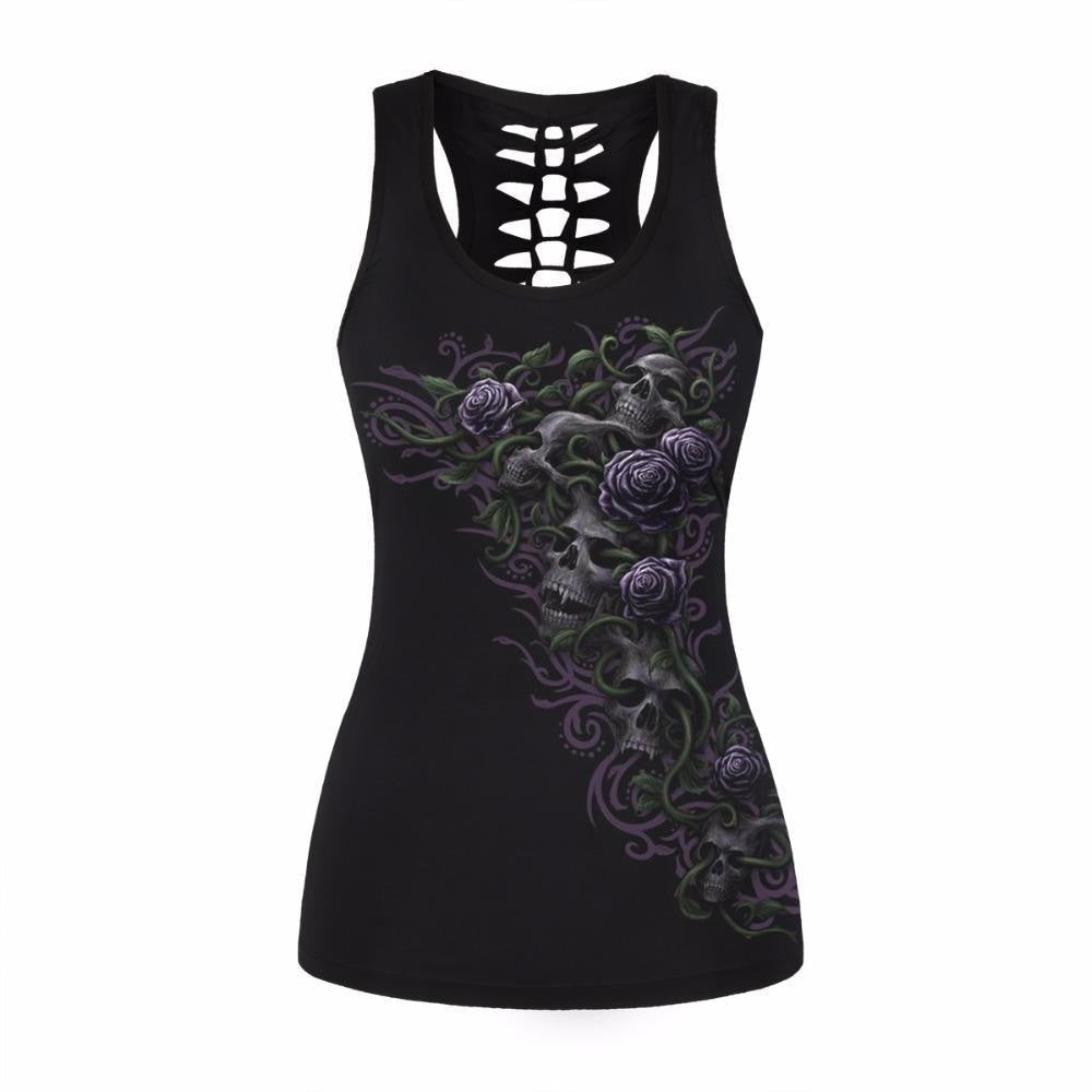 Black racerback tank with purple roses, small pale skulls and curling green stems.