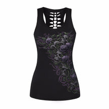 Black racerback tank with purple roses, small pale skulls and curling green stems.