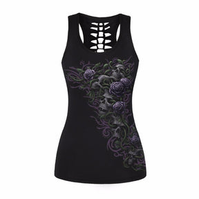 Black racerback tank with purple roses, small pale skulls and curling green stems.