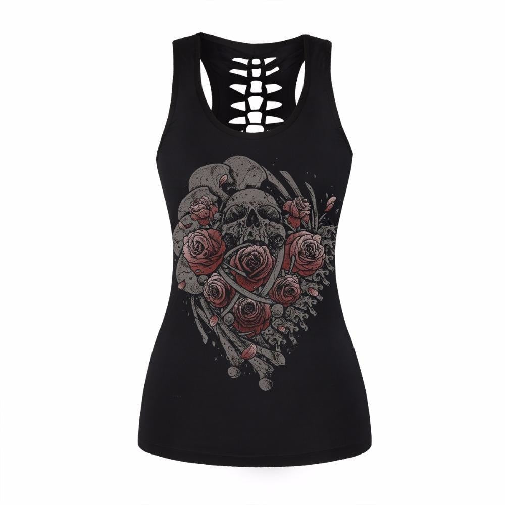 Black tank printed with a skull, red roses and curved details in a heart-shaped arrangement.