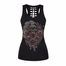 Black tank printed with a skull, red roses and curved details in a heart-shaped arrangement.