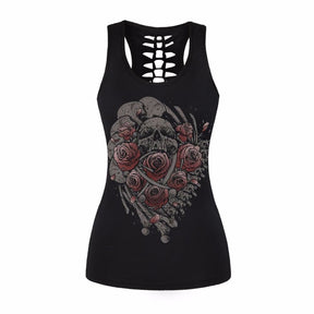 Black tank printed with a skull, red roses and curved details in a heart-shaped arrangement.
