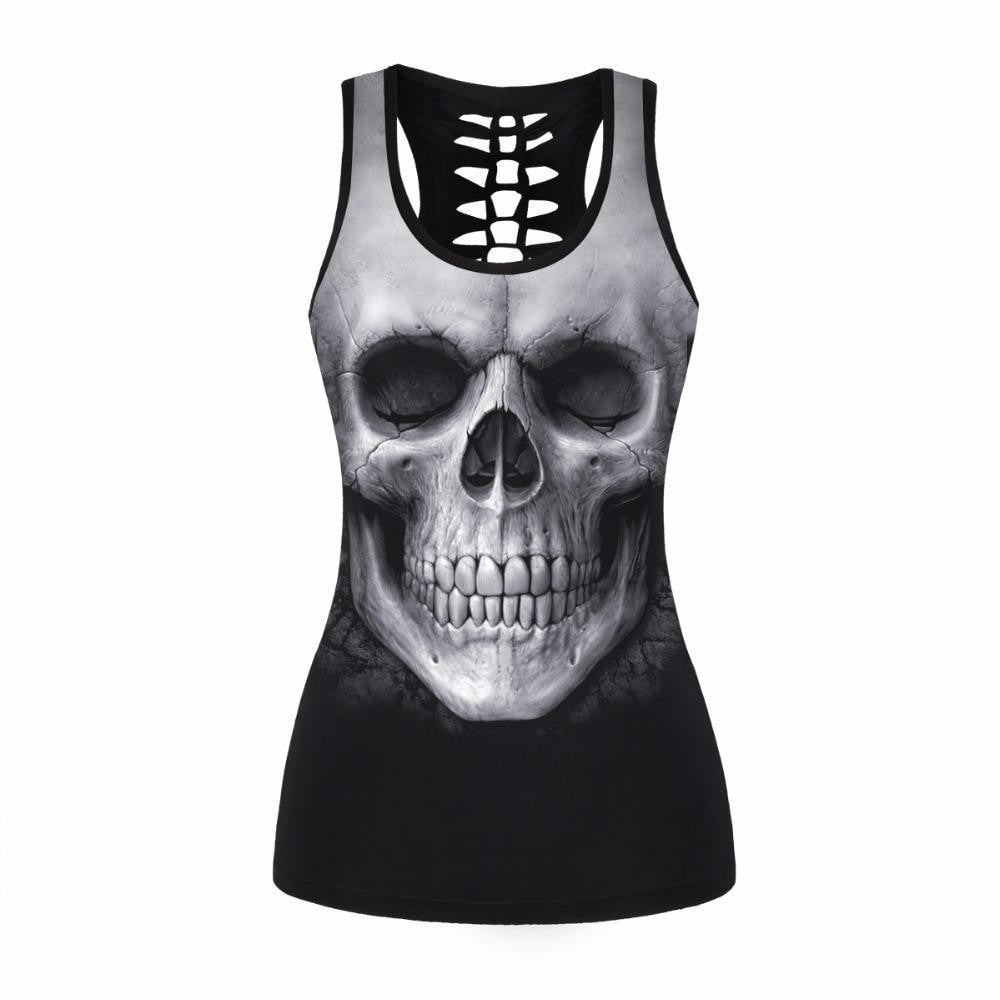 Black racerback tank with a large pale skull graphic covering the front.