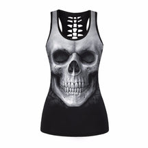 Black racerback tank with a large pale skull graphic covering the front.