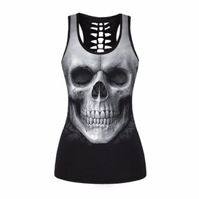 Black racerback tank with a large pale skull graphic covering the front.
