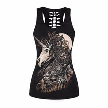 Black gothic tank with an ornate horned horse skull, flowers and mechanical-style details against a pale circle.