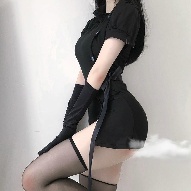 Nurse costume dress with a stand collar, short gathered sleeves, lace-up sides, and a matching nurse hat