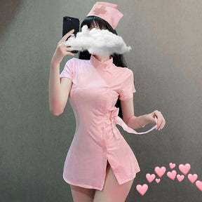 Nurse costume dress with a stand collar, short gathered sleeves, lace-up sides, and a matching nurse hat