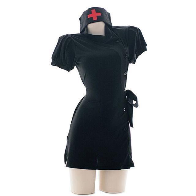 Nurse costume dress with a stand collar, short gathered sleeves, lace-up sides, and a matching nurse hat