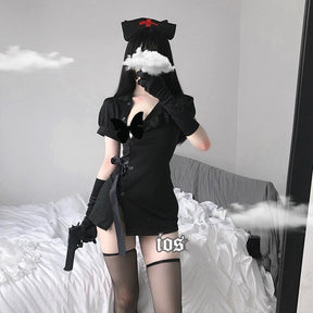Nurse costume dress with a stand collar, short gathered sleeves, lace-up sides, and a matching nurse hat
