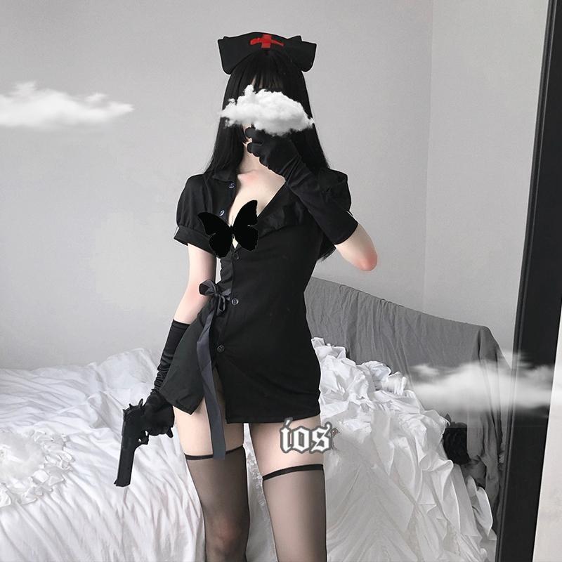 Nurse costume dress with a stand collar, short gathered sleeves, lace-up sides, and a matching nurse hat