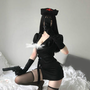 Nurse costume dress with a stand collar, short gathered sleeves, lace-up sides, and a matching nurse hat