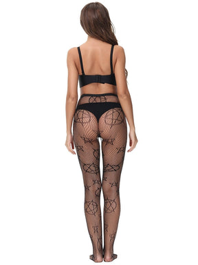 Gothic pentagram-pattern fishnet tights in stretchy mesh, available in black and white