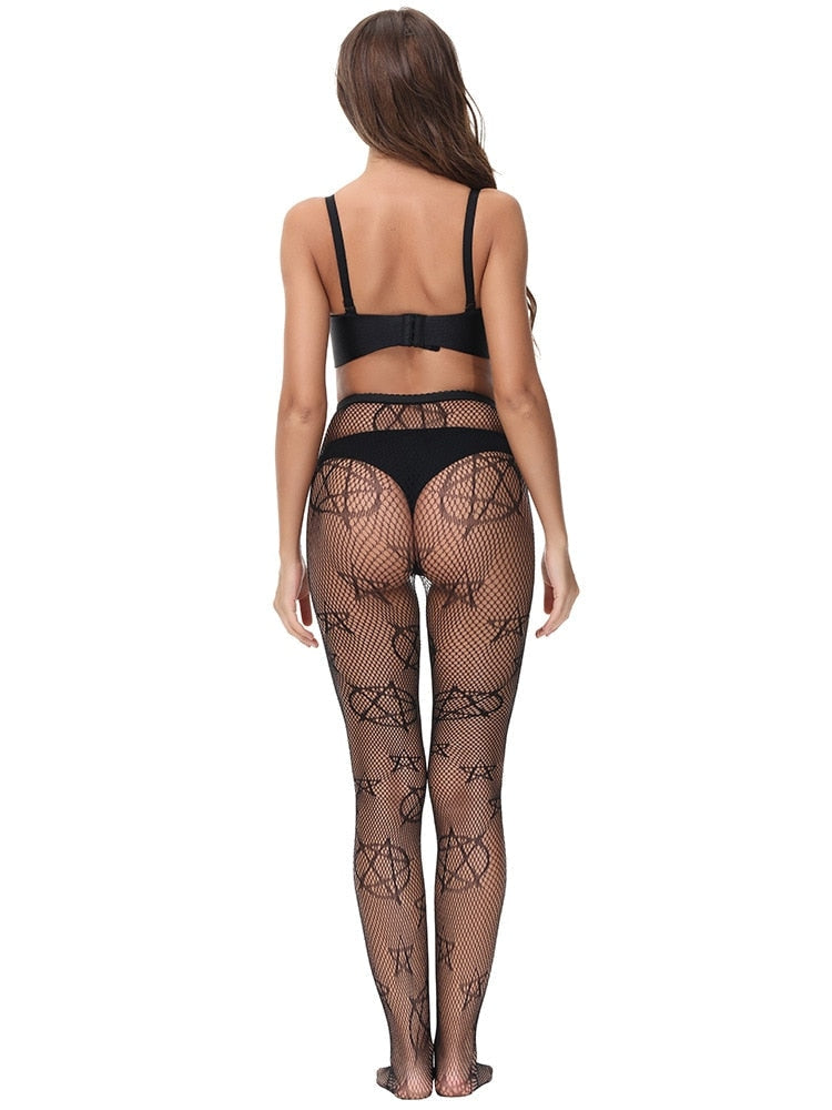 Gothic pentagram-pattern fishnet tights in stretchy mesh, available in black and white