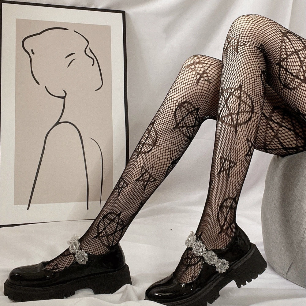 Gothic pentagram-pattern fishnet tights in stretchy mesh, available in black and white