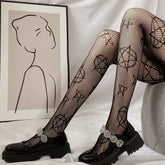Gothic pentagram-pattern fishnet tights in stretchy mesh, available in black and white