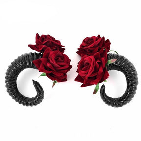 Curled ram horn hair clips with ridged detailing, available in black or white with plain or red rose designs
