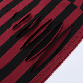 Front slashes in the red and black striped sweater shown flat, with narrow fabric bands hanging between the openings.