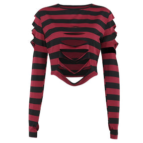 Red and black striped crop sweater isolated on white, showing horizontal front slashes, cutout shoulders and long sleeves.