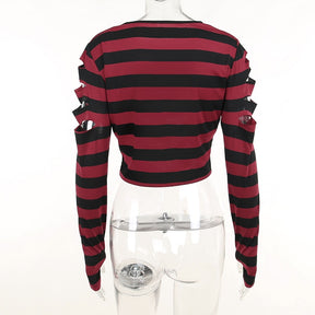 Back view of the red and black striped sweater on a clear mannequin, showing an uncut back panel and slashes at the upper sleeves.