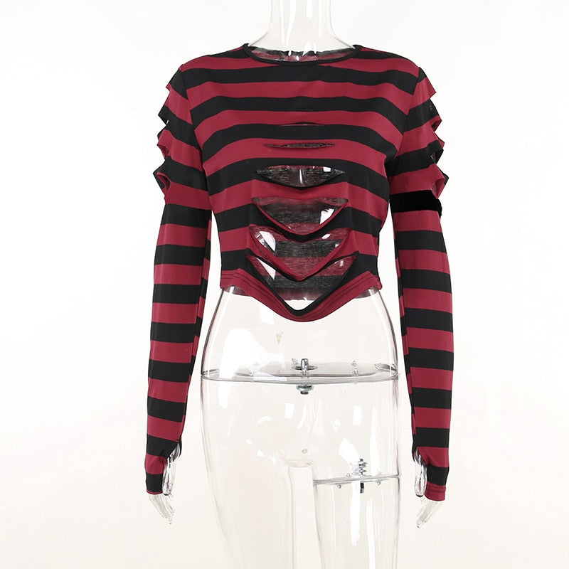 Front view of the red striped ripped sweater on a clear mannequin, with the open slashes revealing the mannequin beneath.