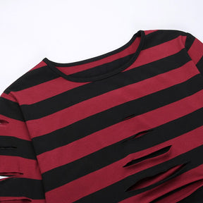 Close-up of the round black-edged neckline and red-and-black stripes at the top of the cropped sweater.