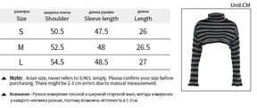 Supplier size chart in the gallery showing S, M and L shoulder, sleeve and length values beside a high-neck striped shrug illustration.