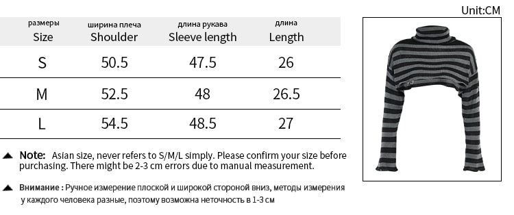 Supplier size chart in the gallery showing S, M and L shoulder, sleeve and length values beside a high-neck striped shrug illustration.