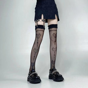 Black thigh-high fishnet stockings with heart motifs and lace-like tops, shown with separate garter straps.