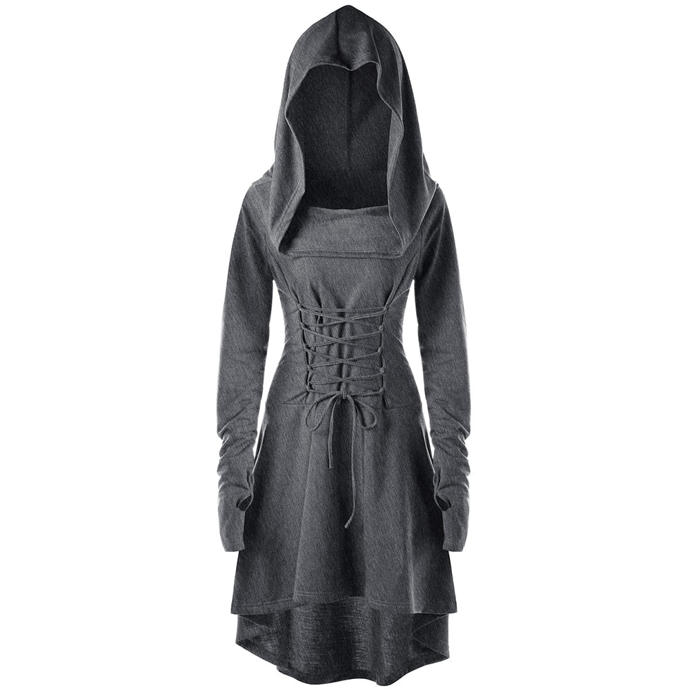 Gray hooded dress shown from the front with a heathered finish, matching waist lacing and a longer back hem.
