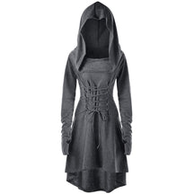 Gray hooded dress shown from the front with a heathered finish, matching waist lacing and a longer back hem.