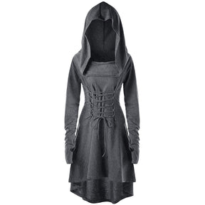 Gray hooded dress shown from the front with a heathered finish, matching waist lacing and a longer back hem.