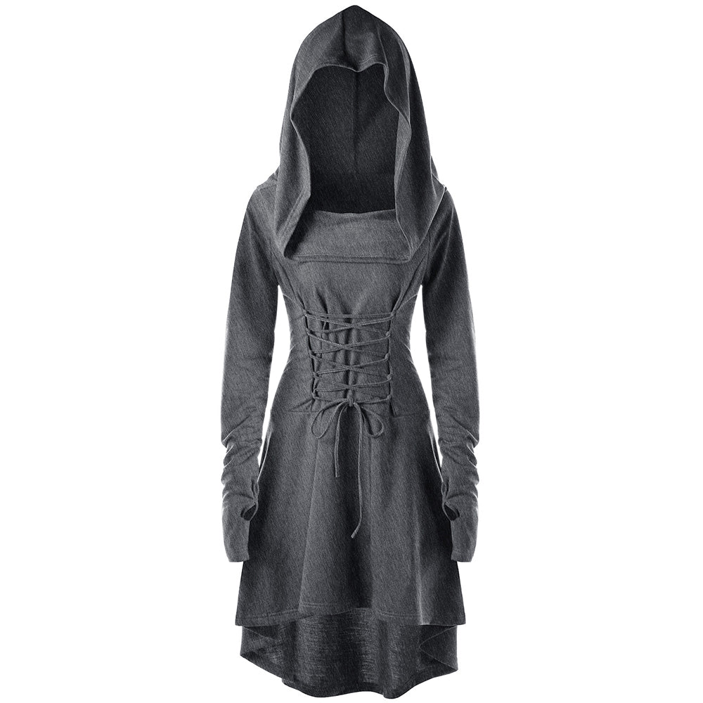 Gray cowl hooded dress with gathered sleeves and front waist lacing displayed against white.