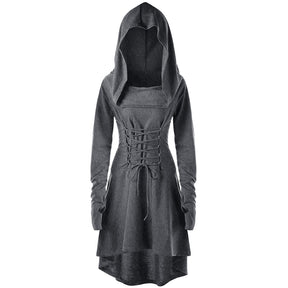 Gray cowl hooded dress with gathered sleeves and front waist lacing displayed against white.