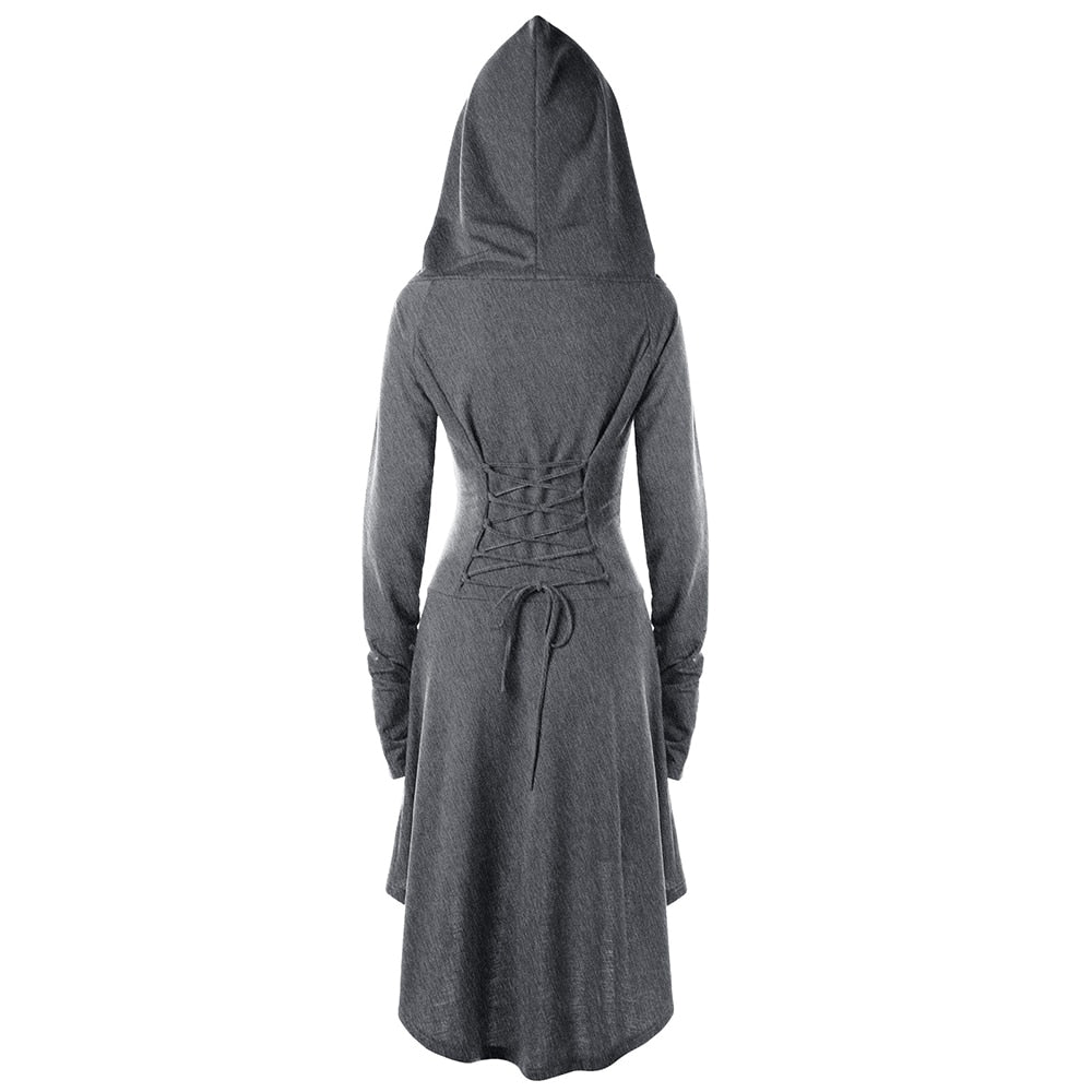 Back view of the gray hooded dress, showing the matching cord lacing and curved lower hem.