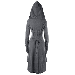 Back view of the gray hooded dress, showing the matching cord lacing and curved lower hem.