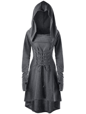 Gray lace-up dress in a full front view with the hood raised and long sleeves framing the flared skirt.