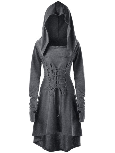 Gray lace-up dress in a full front view with the hood raised and long sleeves framing the flared skirt.