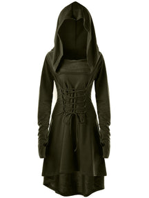 Green cowl hooded dress displayed from the front with matching waist cords and a high-low hem.