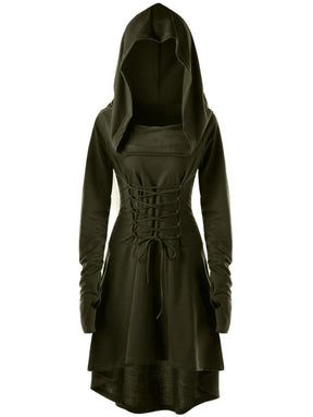 Green cowl hooded dress displayed from the front with matching waist cords and a high-low hem.