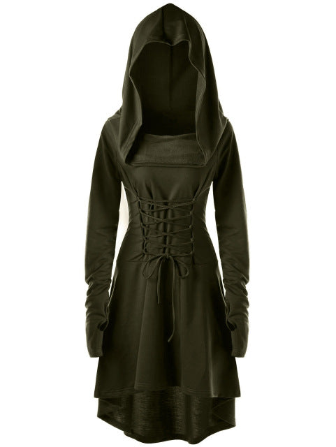 Green cowl hooded dress displayed from the front with matching waist cords and a high-low hem.
